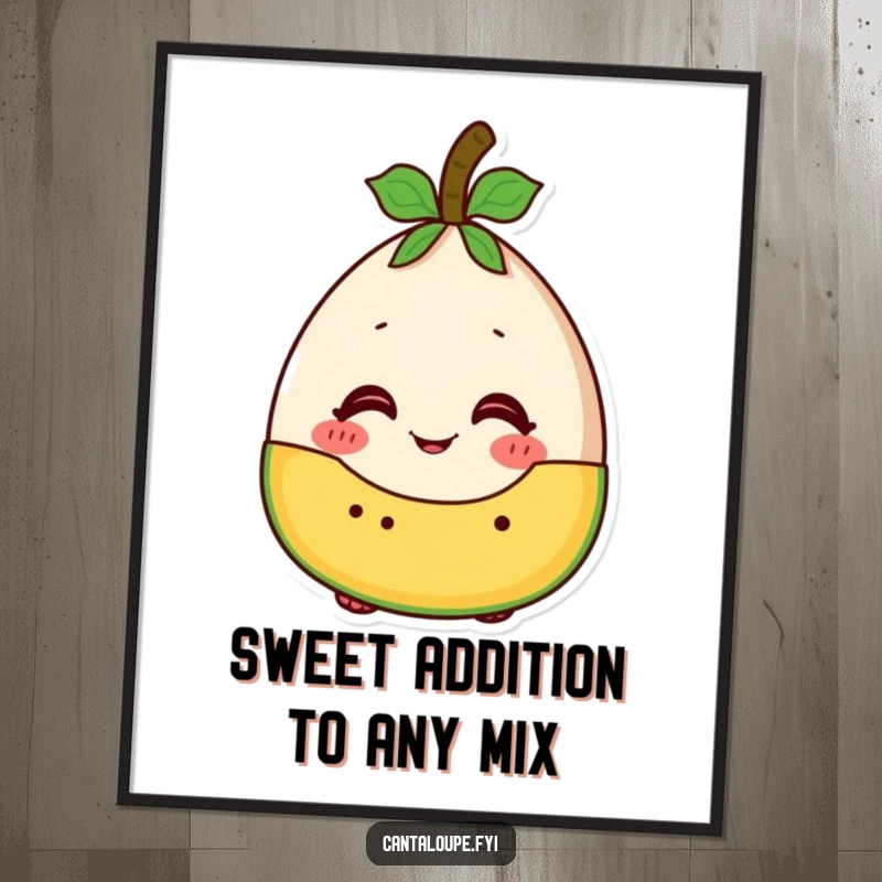 Funny free printable wall art of a cantaloupe character looking ecstatically excited to be part of a colorful fruit salad.