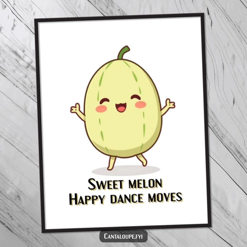 Funny Free Printable Wall Art: A cheerful cantaloupe character is captured mid-dance, radiating happiness.