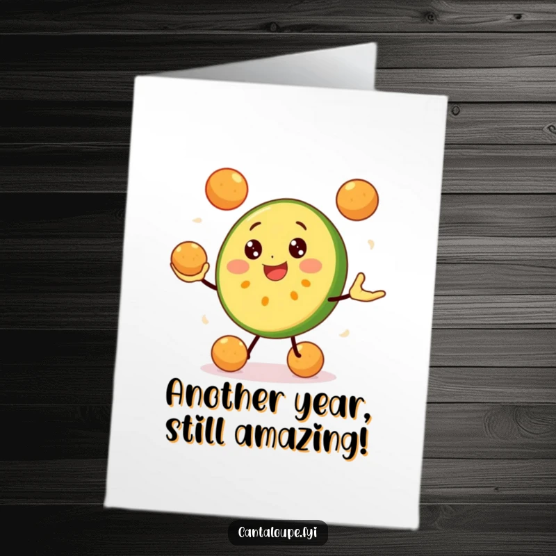 Funny Free Printable Birthday Card: Happy Cantaloupe Slice Skillfully Juggling Melon Balls with a Wide Grin