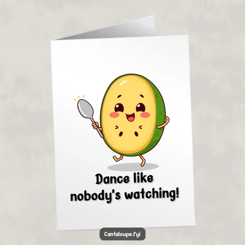 Funny Free Printable Birthday Card: Cheerful Cantaloupe Slice Joyfully Dancing with a Spoon, Full of Rhythmic Energy