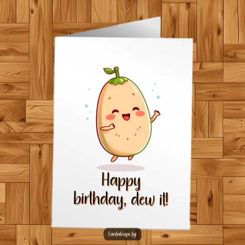 Funny Free Printable Birthday Card: A cantaloupe character happily performing a bouncy jig, adorned with sparkling dewdrops.