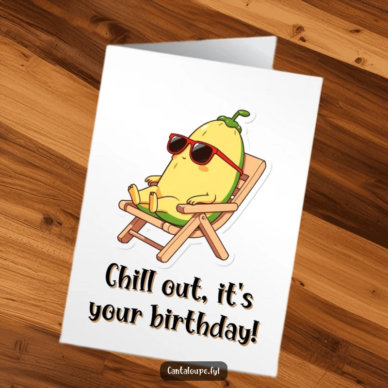 Funny Free Printable Birthday Card: A cantaloupe character wearing sunglasses relaxes coolly on a rind beach chair.