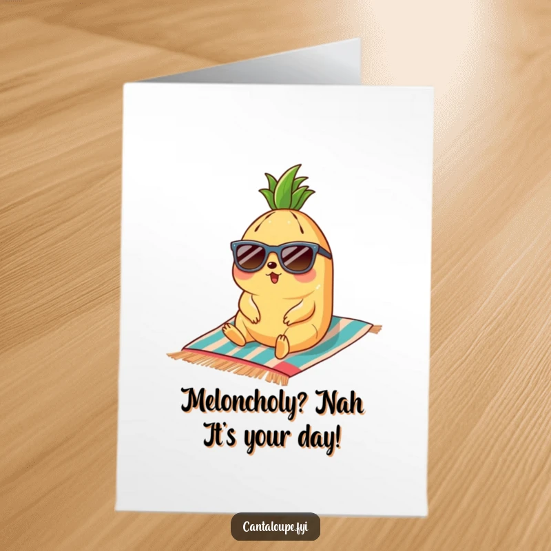 Funny Free Printable Birthday Card: Cantaloupe in sunglasses relaxes on a beach towel, exuding ultimate chill for your birthday wishes.
