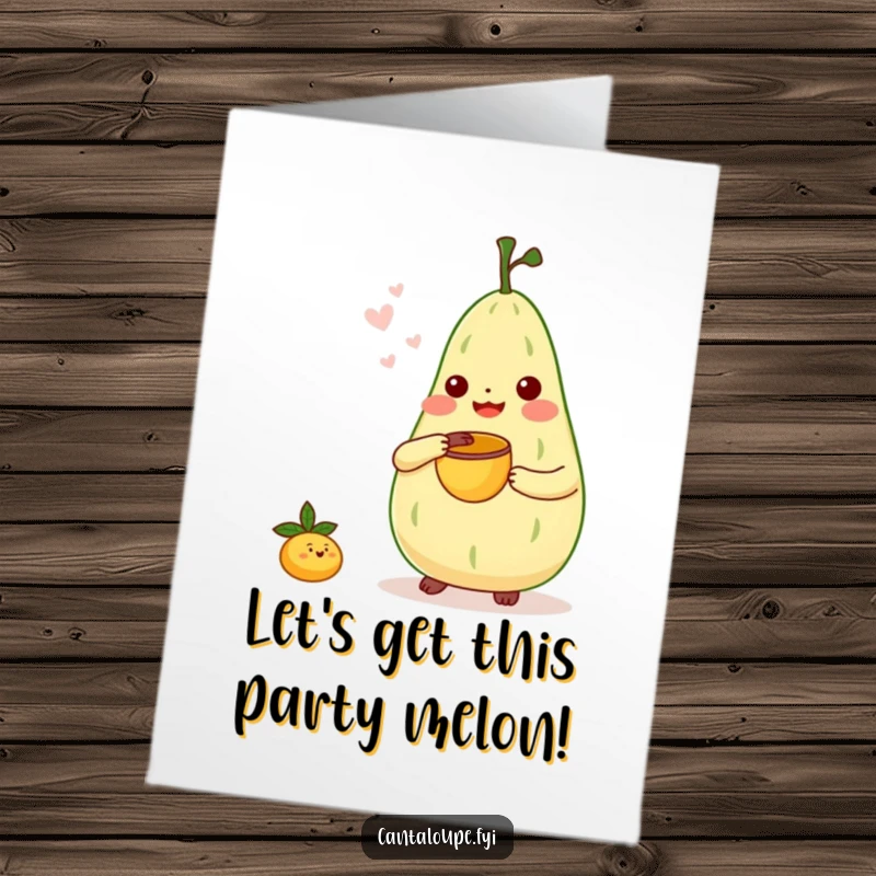 Funny Free Printable Birthday Card: Anthropomorphic cantaloupe character joyfully playing tiny bongos with a melon scoop.