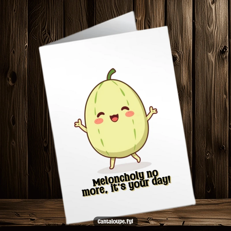 Funny Free Printable Birthday Card: A jubilant cantaloupe character performs a vibrant, happy dance, spreading cheer.