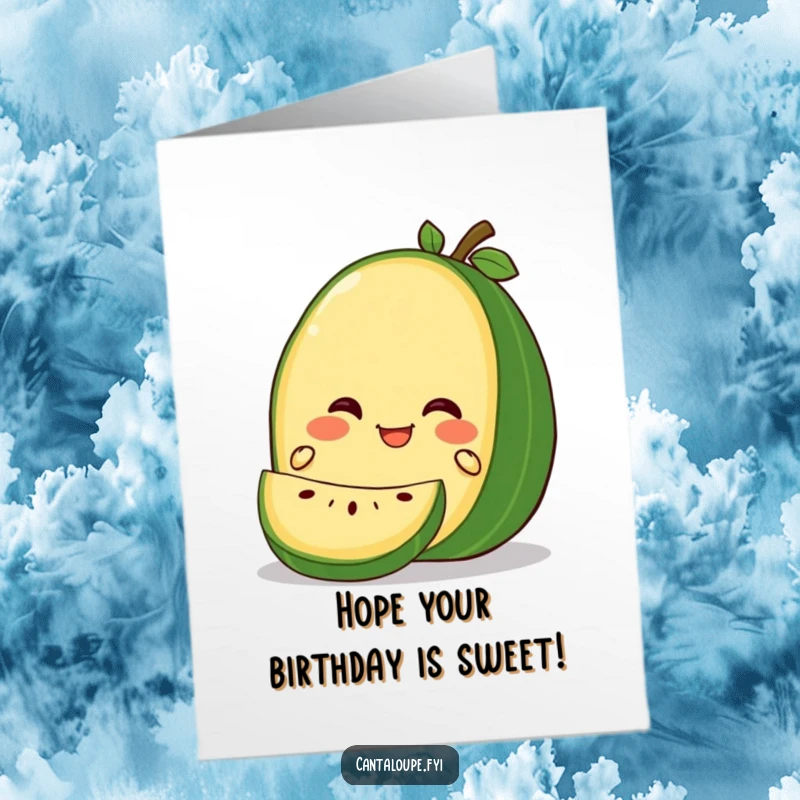 Funny Free Printable Birthday Card showing a cantaloupe character with a gleeful expression as it is gently sliced.