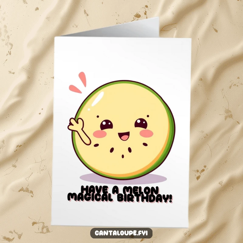 Funny Free Printable Birthday Card: Jolly cantaloupe slice character waving energetically with a cool, refreshing aura, perfect for a birthday.