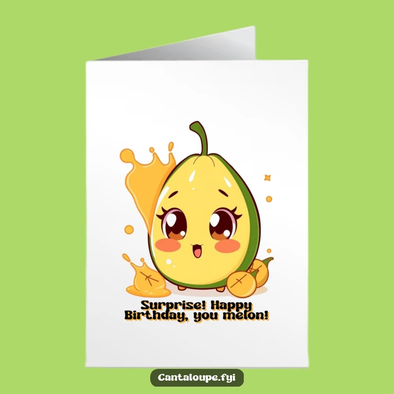 Free Printable Birthday Card: Surprised Cantaloupe Juice Splash Downloadable Gift
