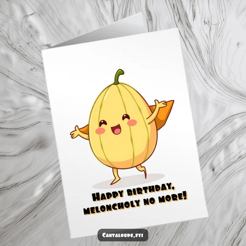 Funny free printable birthday card featuring a cantaloupe character doing a silly dance, its rind acts as a cape.