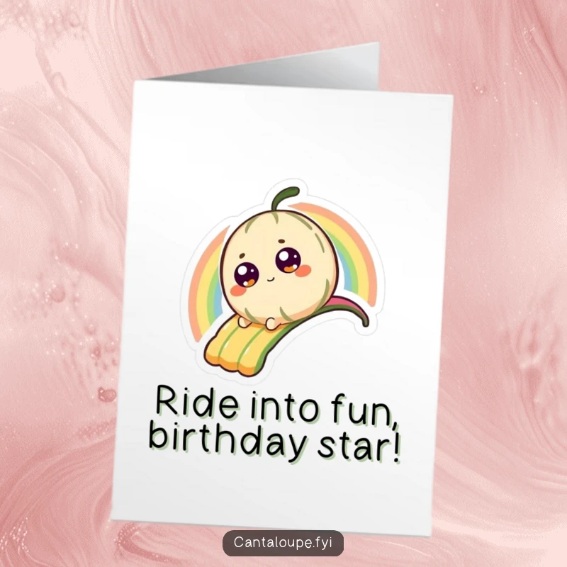 Funny Free Printable Birthday Card: Happy cantaloupe character slides down a vibrant rainbow.