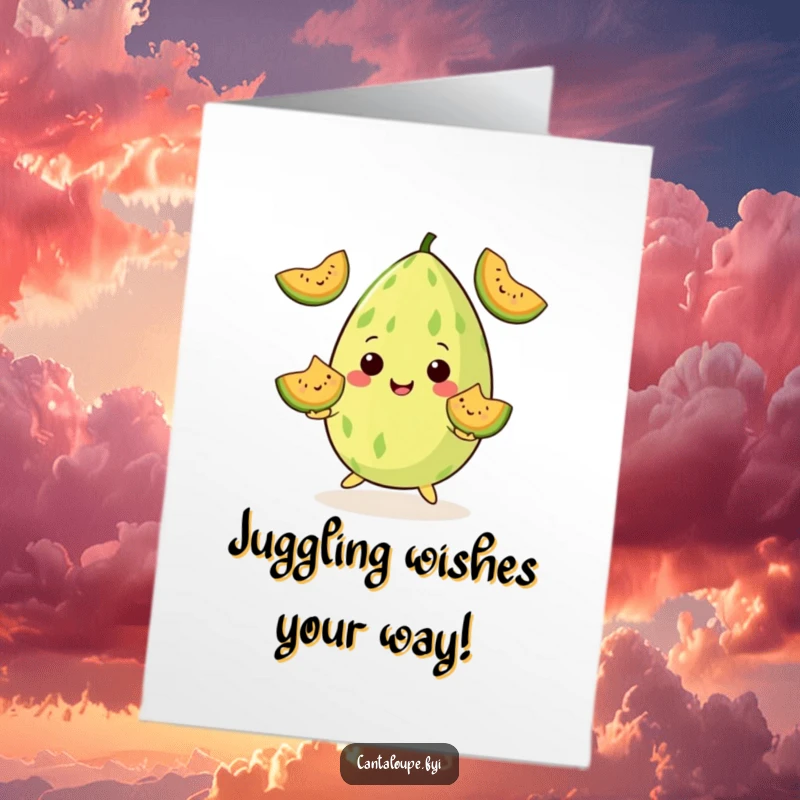 Funny Free Printable Birthday Card: A cantaloupe character playfully juggling three smiling melon wedges for a happy birthday.