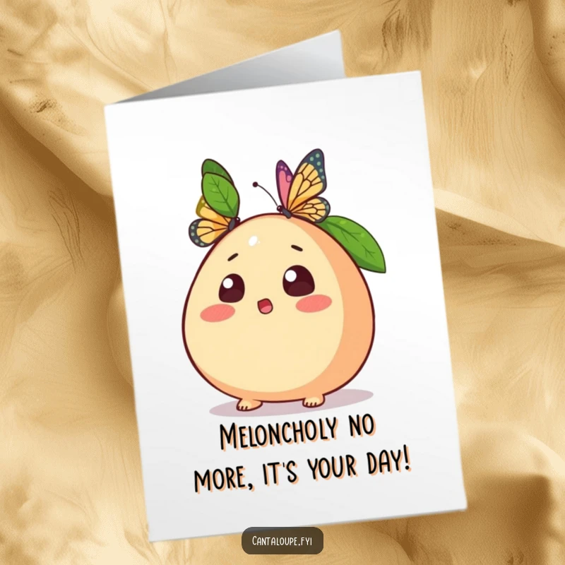 Funny Free Printable Birthday Card featuring a shocked cantaloupe with a butterfly on its nose, perfect for a laugh.