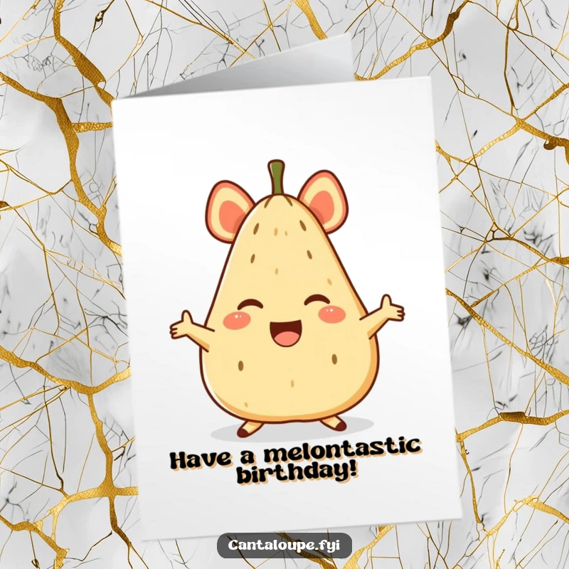 Funny Free Printable Birthday Card featuring an anthropomorphic cantaloupe character performing a spectacular, joyful split.