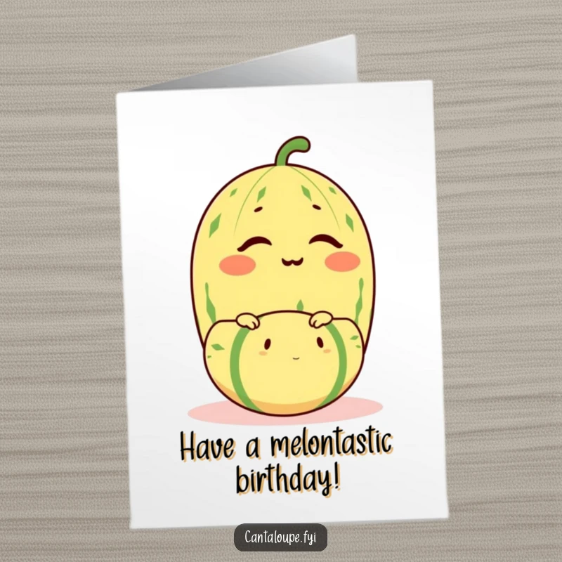 Funny free printable birthday card featuring a cantaloupe character winking while expertly balancing a smaller melon.