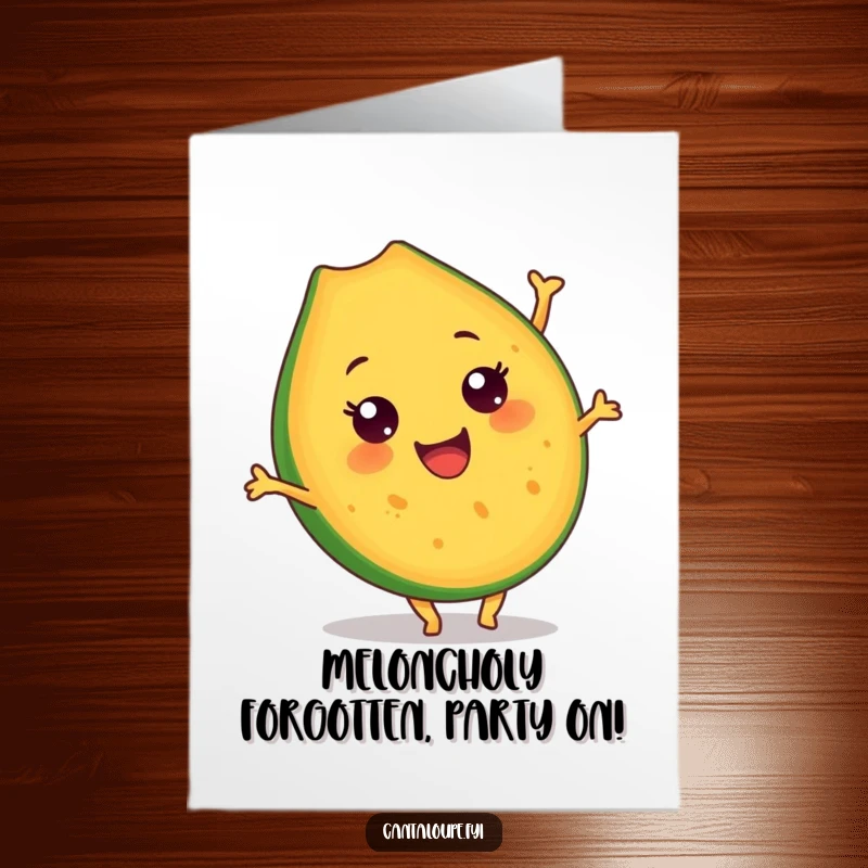Funny Free Printable Birthday Card: Smiling Cantaloupe Slice Doing a Joyful Somersault, Full of Energetic Fun