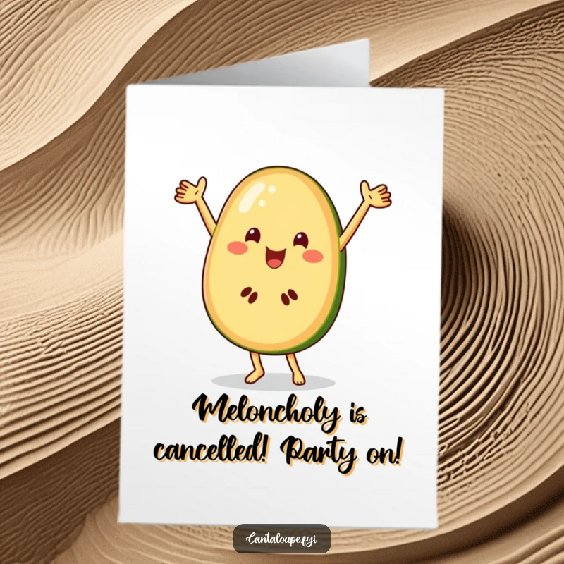 Funny Free Printable Cantaloupe dancing card with arms in the air, spreading birthday cheer, a joyful fruit.