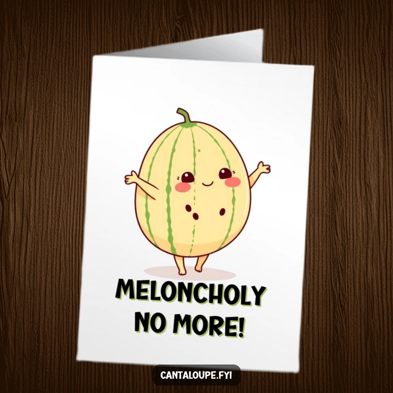 Funny Free Printable Birthday Card: Cheerful cantaloupe character cartwheeling with delight, fruity fun.
