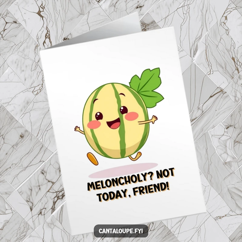 Funny Free Printable Birthday Card: A cheerful cantaloupe segment with a bouncy step, ready to party.