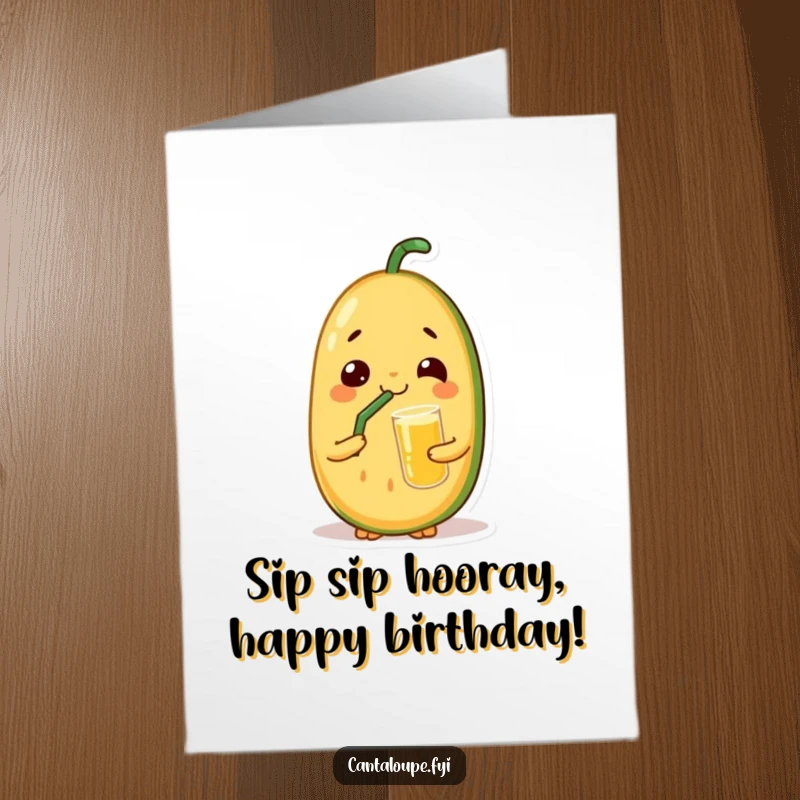 Funny Free Printable Birthday Card: a content cantaloupe sips juice through a straw, radiating pure, satisfied bliss on their special day.