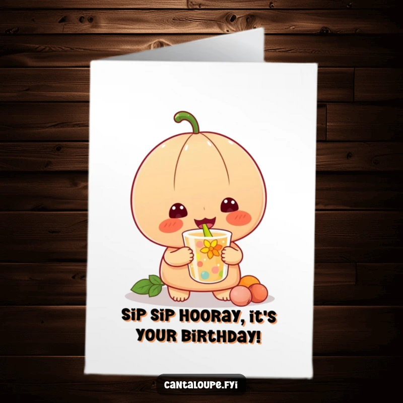Funny Free Printable Birthday Card featuring a delighted cantaloupe happily slurping a colorful drink, perfect for a festive wish.