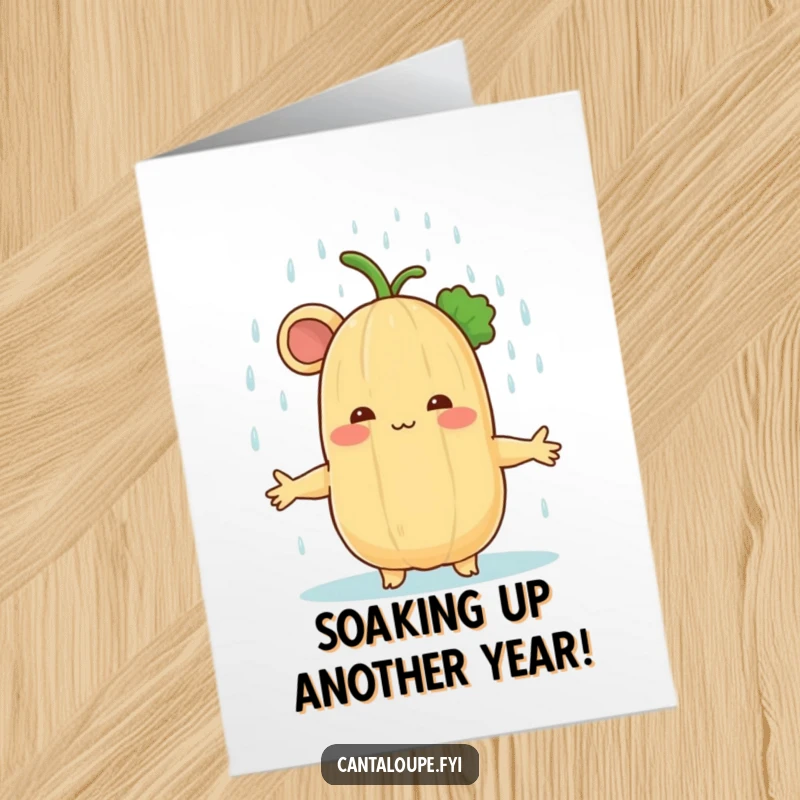 Funny Free Printable Birthday Card: Cantaloupe with arms wide, blissfully receiving a gentle rain shower.