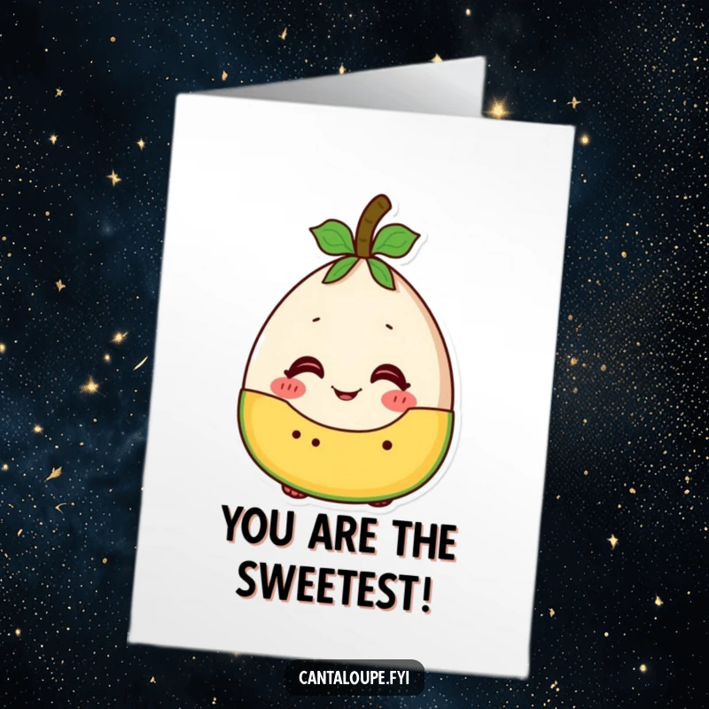 Funny free printable birthday card featuring a cantaloupe character looking thrilled to be included in a fruit salad.