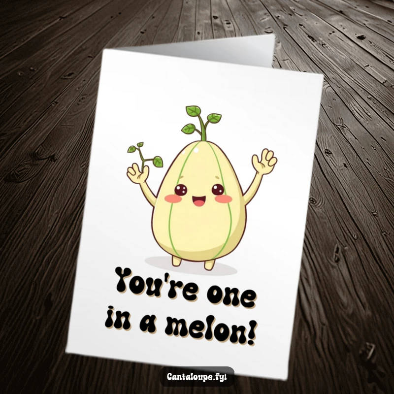 Funny Free Printable Congratulations Card: Cheerful cantaloupe character with vine arms, waving excitedly to celebrate an achievement.