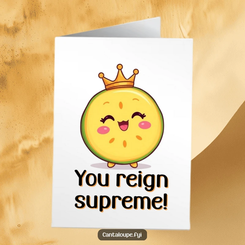 Funny Free Printable Congratulations Card: A delighted cantaloupe slice character adorned with a tiny crown, celebrating a grand achievement.
