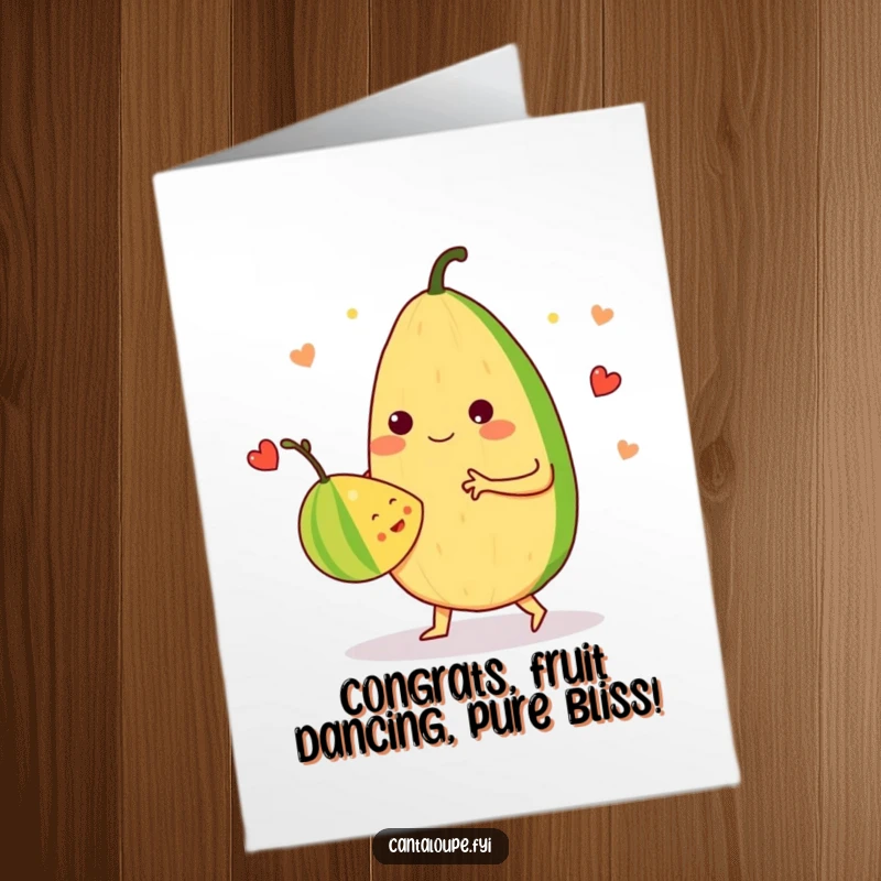 Funny Free Printable Congrats Card: anthropomorphic cantaloupe character doing a merry waltz with another fruit, symbolizing shared celebration and success.