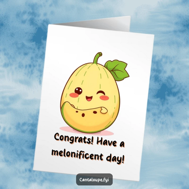 Funny Free Printable Congrats Card featuring an anthropomorphic cantaloupe happily presenting a slice of itself, celebrating sweet accomplishments.