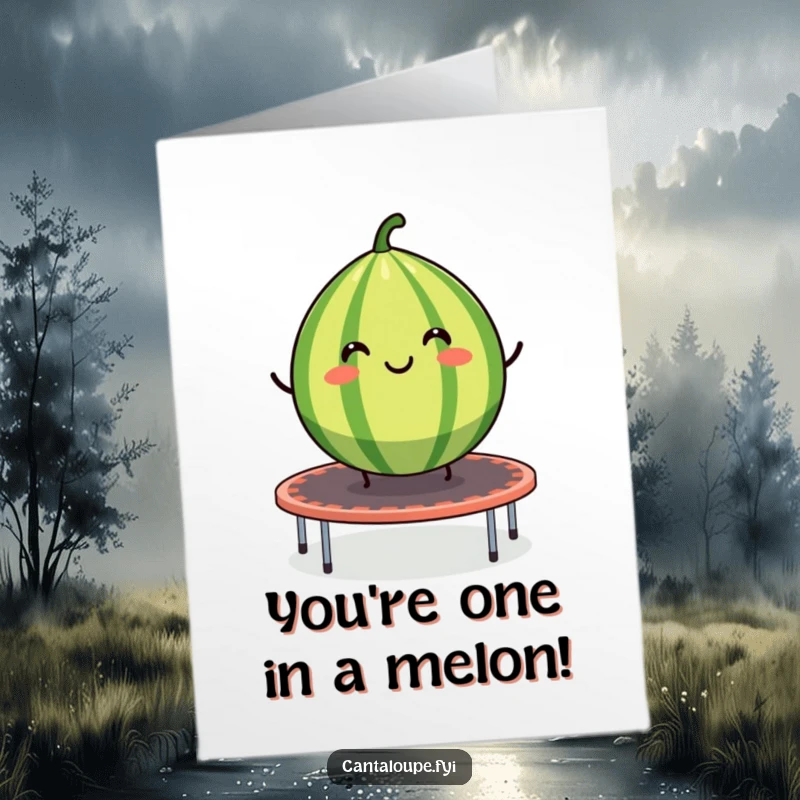 Funny Free Printable Congrats Card: A smiling cantaloupe segment joyfully bouncing on a trampoline, marking an achievement.