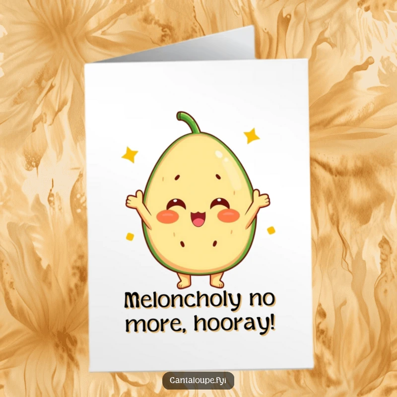 Funny Free Printable Congratulations Card with a cheerful cantaloupe character showing a vibrant, sunny disposition.