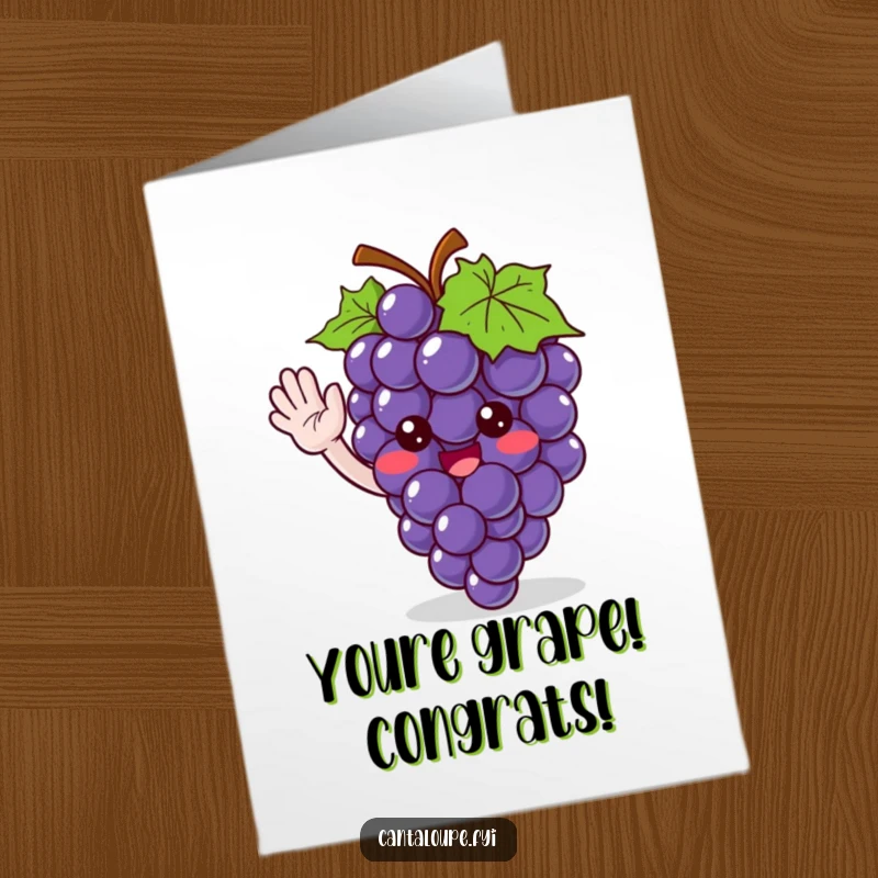 Funny Free Printable Congratulations Card: Cute grape bunch character giving a friendly wave, celebrating success.