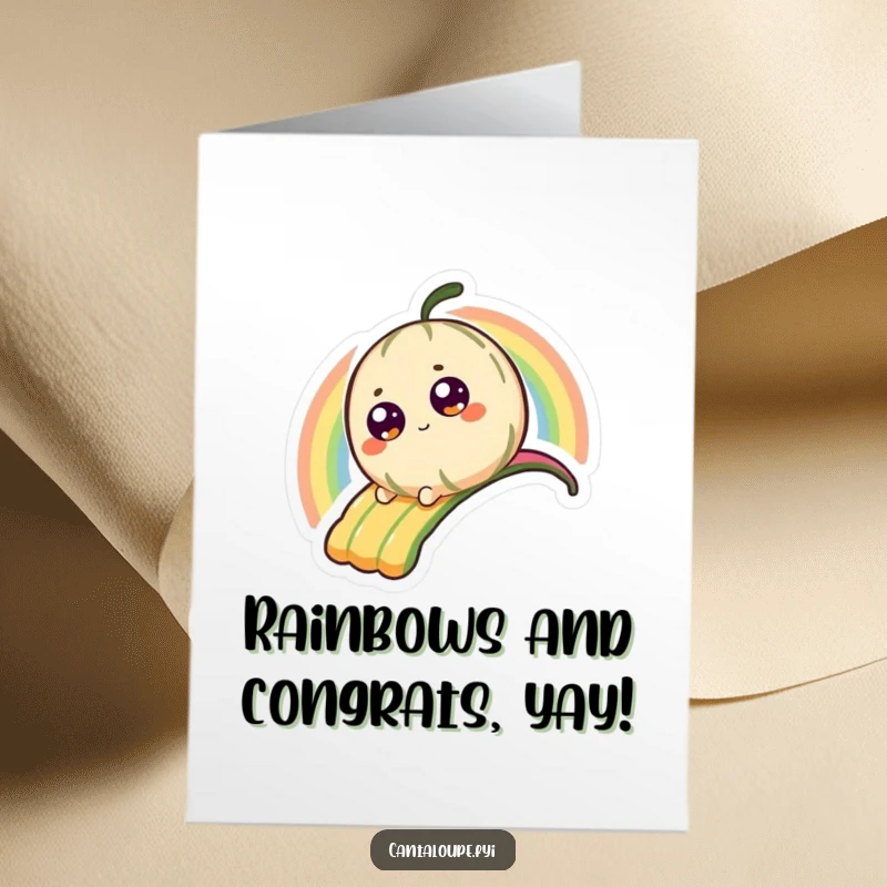 Funny Free Printable Congratulations Card: Cantaloupe character gleefully slides down a bright rainbow.