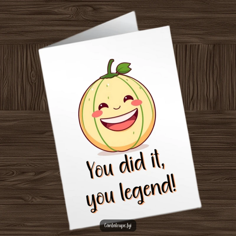 Funny Free Printable Congratulations Card: A round cantaloupe with a huge grin in full roll downhill, celebrating a great accomplishment.
