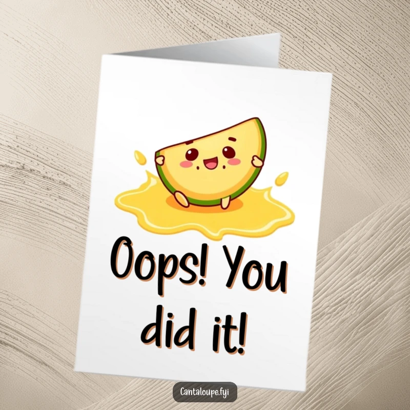 Funny Free Printable Congratulations Card: Cantaloupe slice character comically slipping on a juice puddle, celebrating a minor mishap.