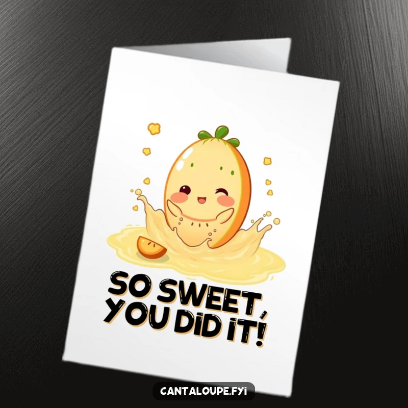 Funny Free Printable Congratulations Card: Cantaloupe character joyfully splashing around in a pool of sweet, golden juice.