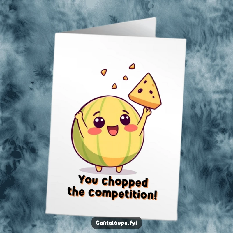 Funny Free Printable Congratulations Card: A cantaloupe joyfully tosses a slice of itself, celebrating a win.