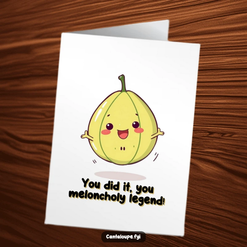 Funny Free Printable Congratulations Card showing a happy cantaloupe slice character spinning around to celebrate good news.