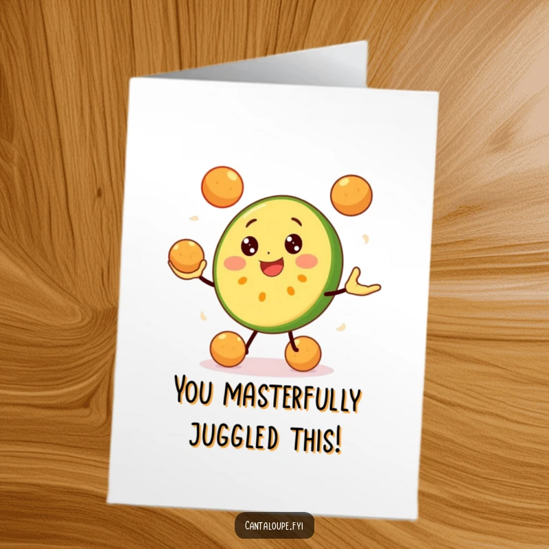 Funny Free Printable Congratulations Card: Cheerful Cantaloupe Slice Expertly Juggling Melon Balls, Showing Off Talent