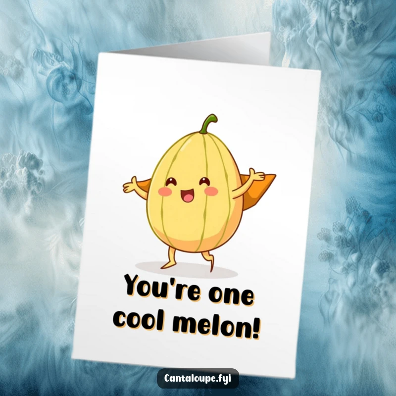 Funny free printable congratulations card of a cantaloupe character dancing with its rind styled as a superhero cape.