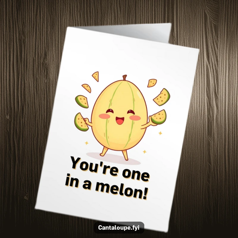 Funny Free Printable Congrats Card: A cheerful cantaloupe character triumphantly juggling melon slices.