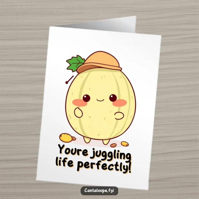 Funny Free Printable Congratulations Card depicting a cantaloupe character wearing a hat and expertly juggling seeds.