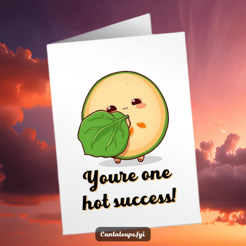 Funny Free Printable Congratulations Card: A cantaloupe slice fanning itself with a large leaf, looking wonderfully relaxed and cool.