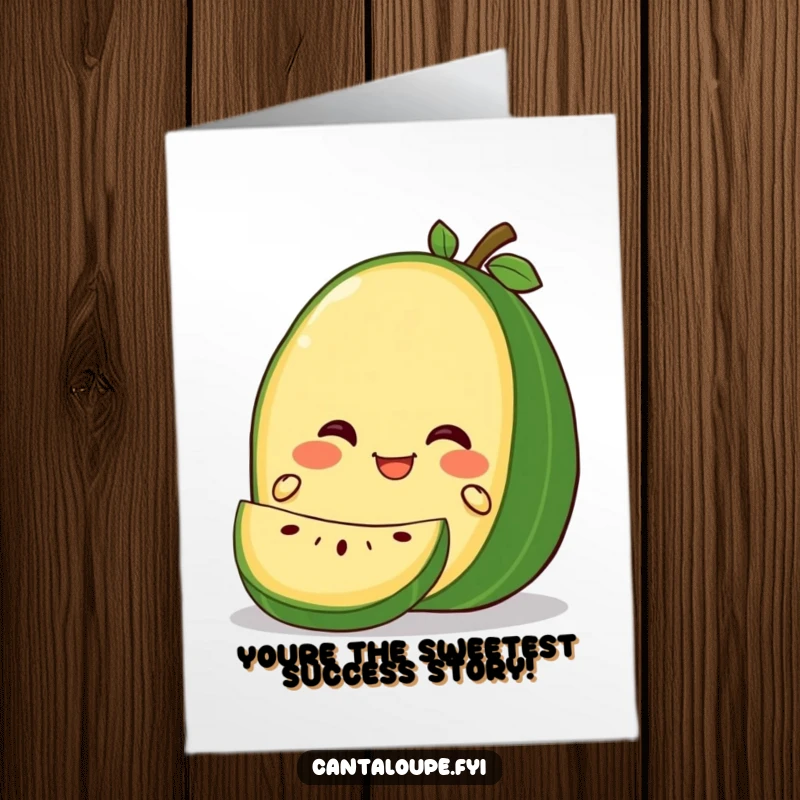 Funny Free Printable Congratulations Card featuring a gleeful cantaloupe character enjoying the gentle process of being sliced.