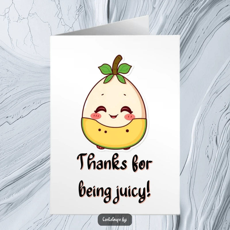 Funny free printable thank you card of a cantaloupe character looking delighted to be in a fruit salad.