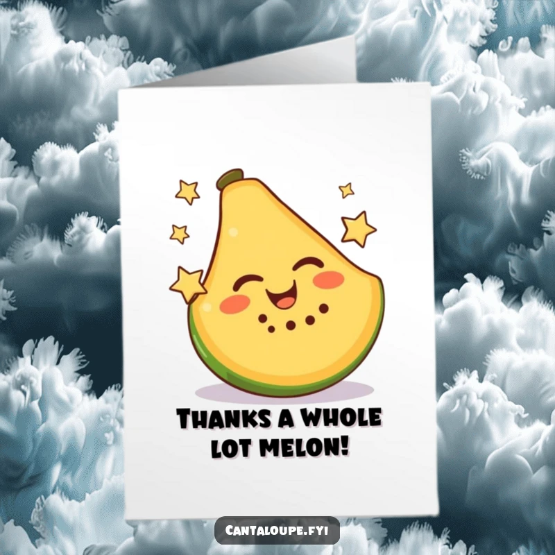 Funny Free Printable Thank You Card: Cheerful cantaloupe slice juggles stars, expressing thanks.
