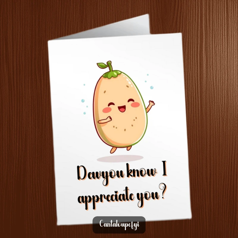 Funny Free Printable Thank You Card: A cantaloupe character joyfully performing a bouncy jig, glistening with dewdrops.