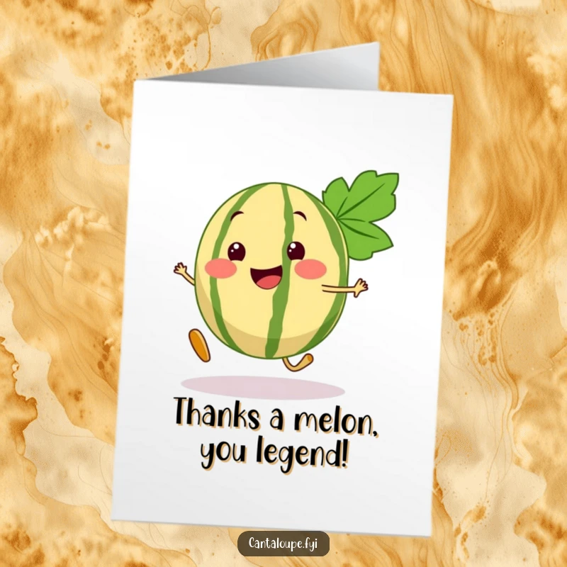 Funny Free Printable Thank You Card: A happy cantaloupe segment hops with gratitude, a truly unique thank you.