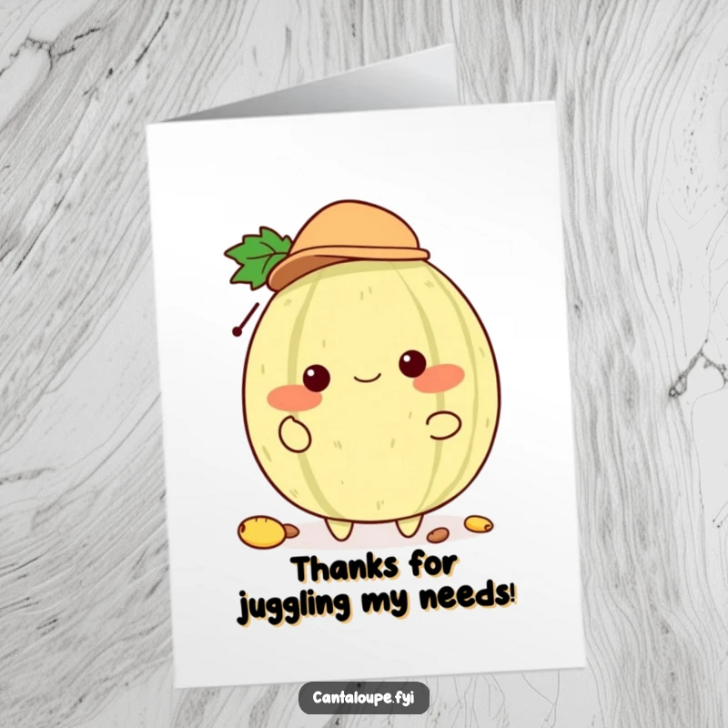 Funny Free Printable Thank You Card illustrating a cantaloupe character in a hat, juggling seeds as a token of thanks.